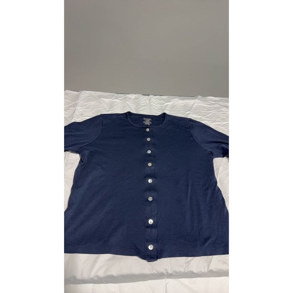 LL Bean Womens Navy Blue Button Front Cardigan Sweater Large Cotton Casual